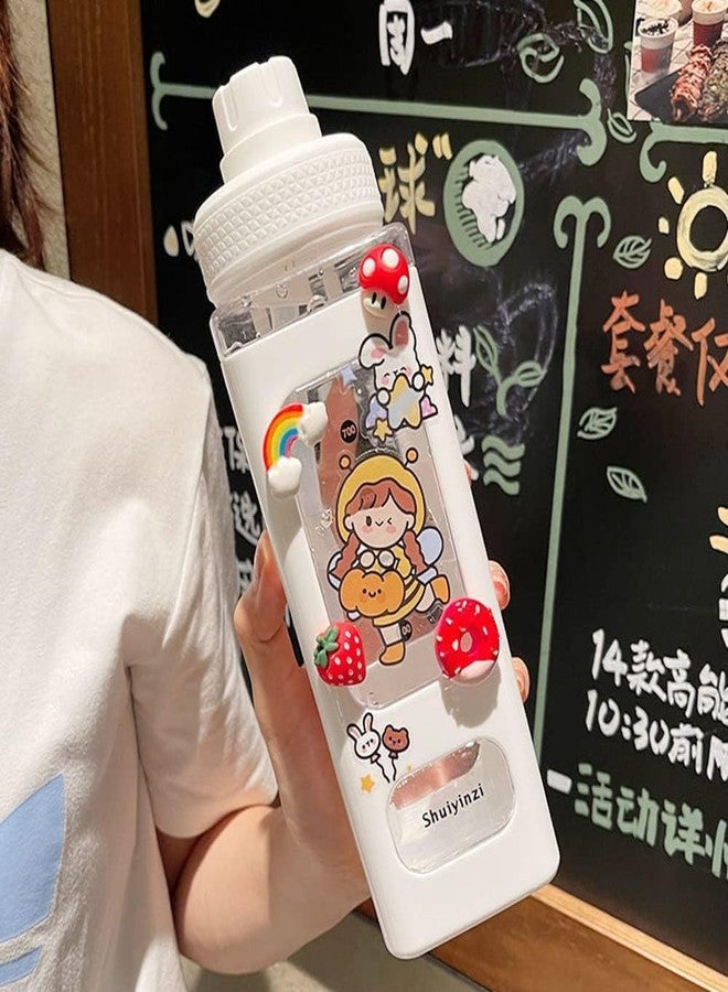 Ncry Kawaii Water Bottle with Straw and Sticker, Kawaii Bear Water Bottle, Large Sport Plastic Portable Square Drinking Bottle for Girl, Cute Juice Tea Water Cups-700ml (White) - Image 4